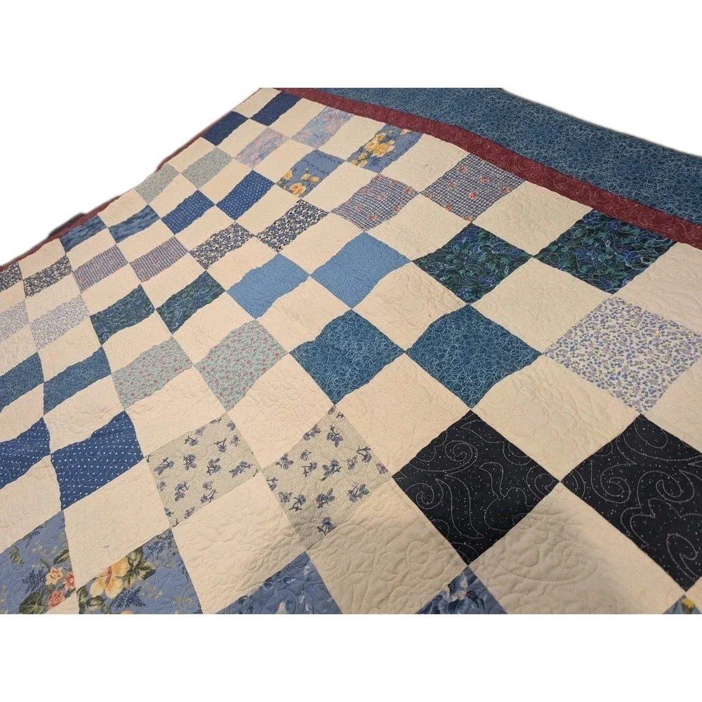 COUNTRY‎ PATCHWORK QUILT King SZ BLUE WHITE Red 2 SIDED